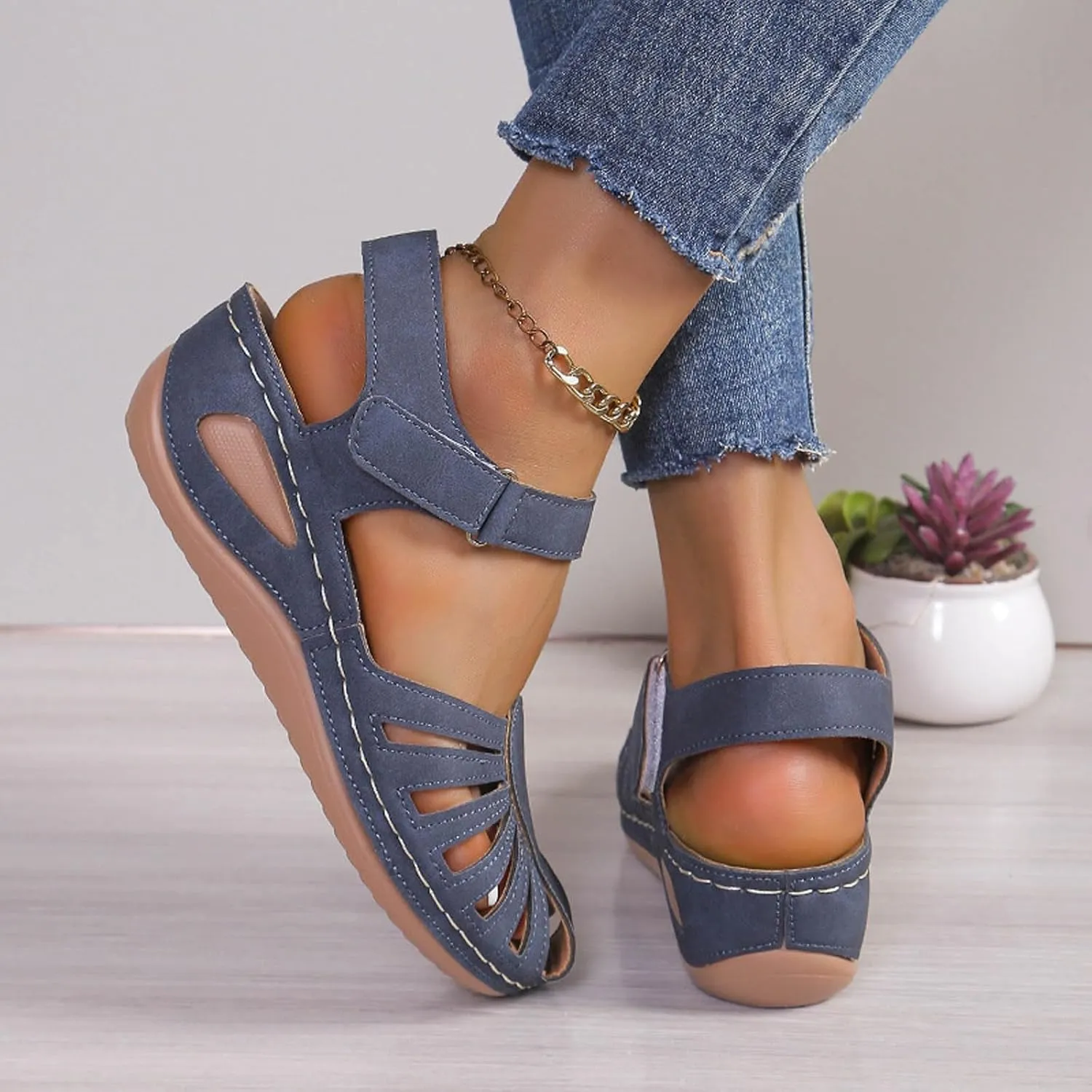 Womens Summer Bohemia Orthopedic Sandals, Vintage Casual Hollow Out Sandals Closed Toe Breathable Ankle Strap Platform Sandal