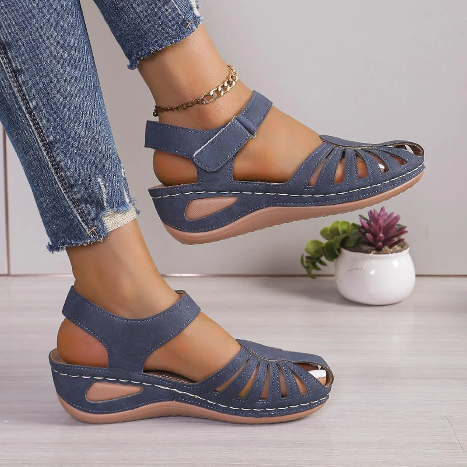 Womens Summer Bohemia Orthopedic Sandals, Vintage Casual Hollow Out Sandals Closed Toe Breathable Ankle Strap Platform Sandal