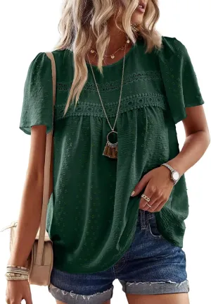 Womens Summer Tops Crewneck Short Sleeve Shirts Casual Chiffon Blouses Flowy Lace Hem Boho Clothing Trendy 2025