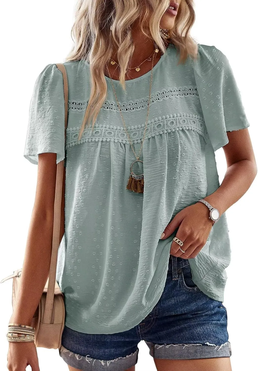 Womens Summer Tops Crewneck Short Sleeve Shirts Casual Chiffon Blouses Flowy Lace Hem Boho Clothing Trendy 2025