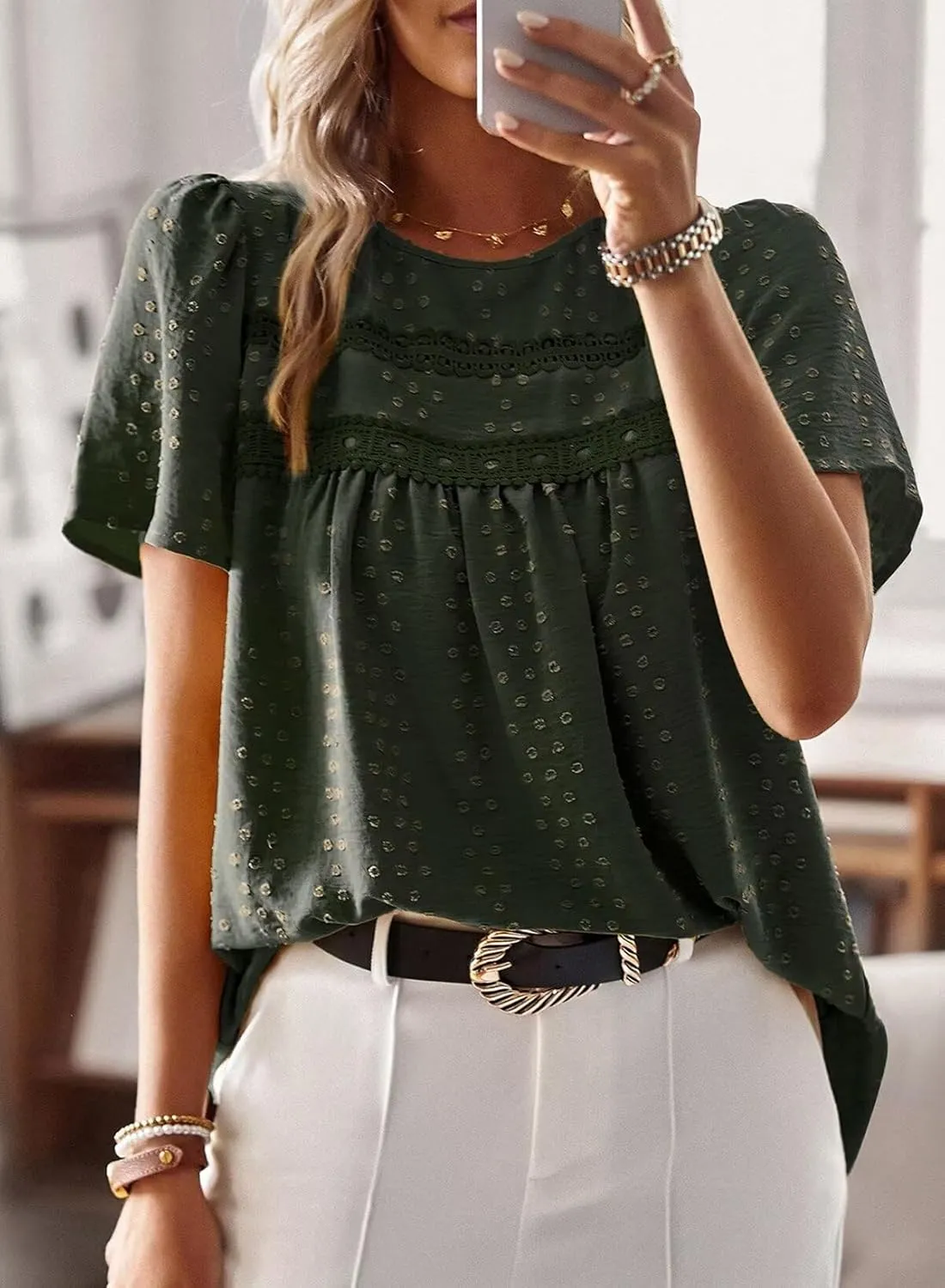 Womens Summer Tops Crewneck Short Sleeve Shirts Casual Chiffon Blouses Flowy Lace Hem Boho Clothing Trendy 2025