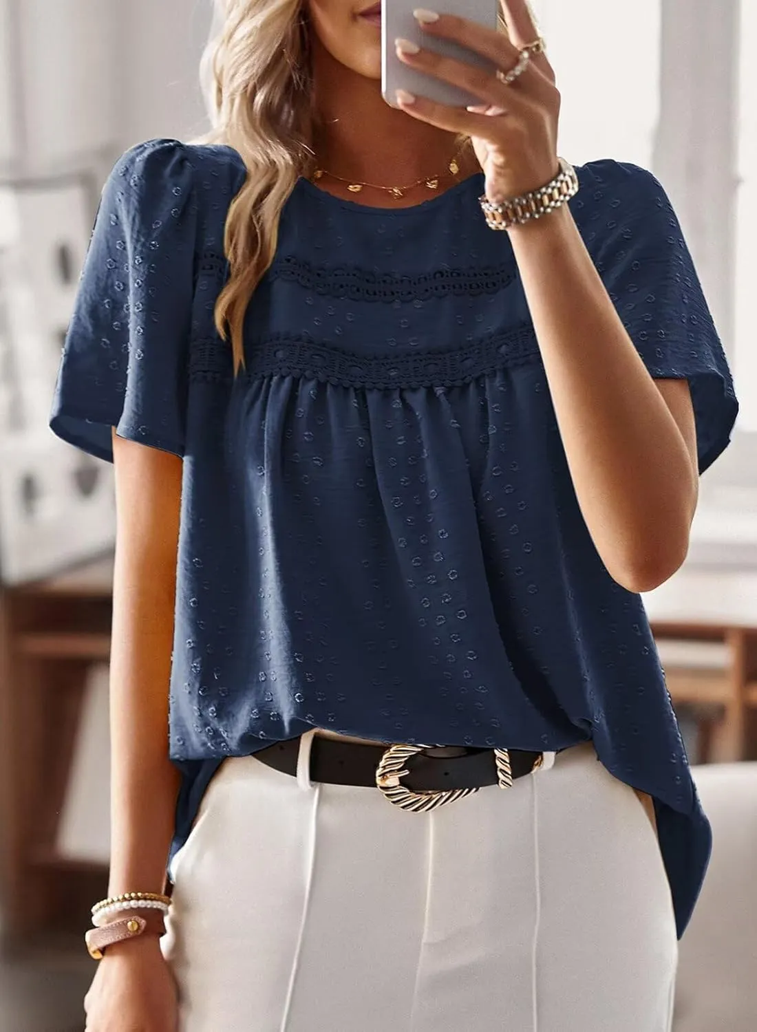 Womens Summer Tops Crewneck Short Sleeve Shirts Casual Chiffon Blouses Flowy Lace Hem Boho Clothing Trendy 2025
