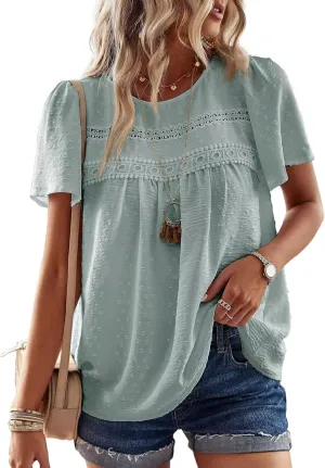 Womens Summer Tops Crewneck Short Sleeve Shirts Casual Chiffon Blouses Flowy Lace Hem Boho Clothing Trendy 2025