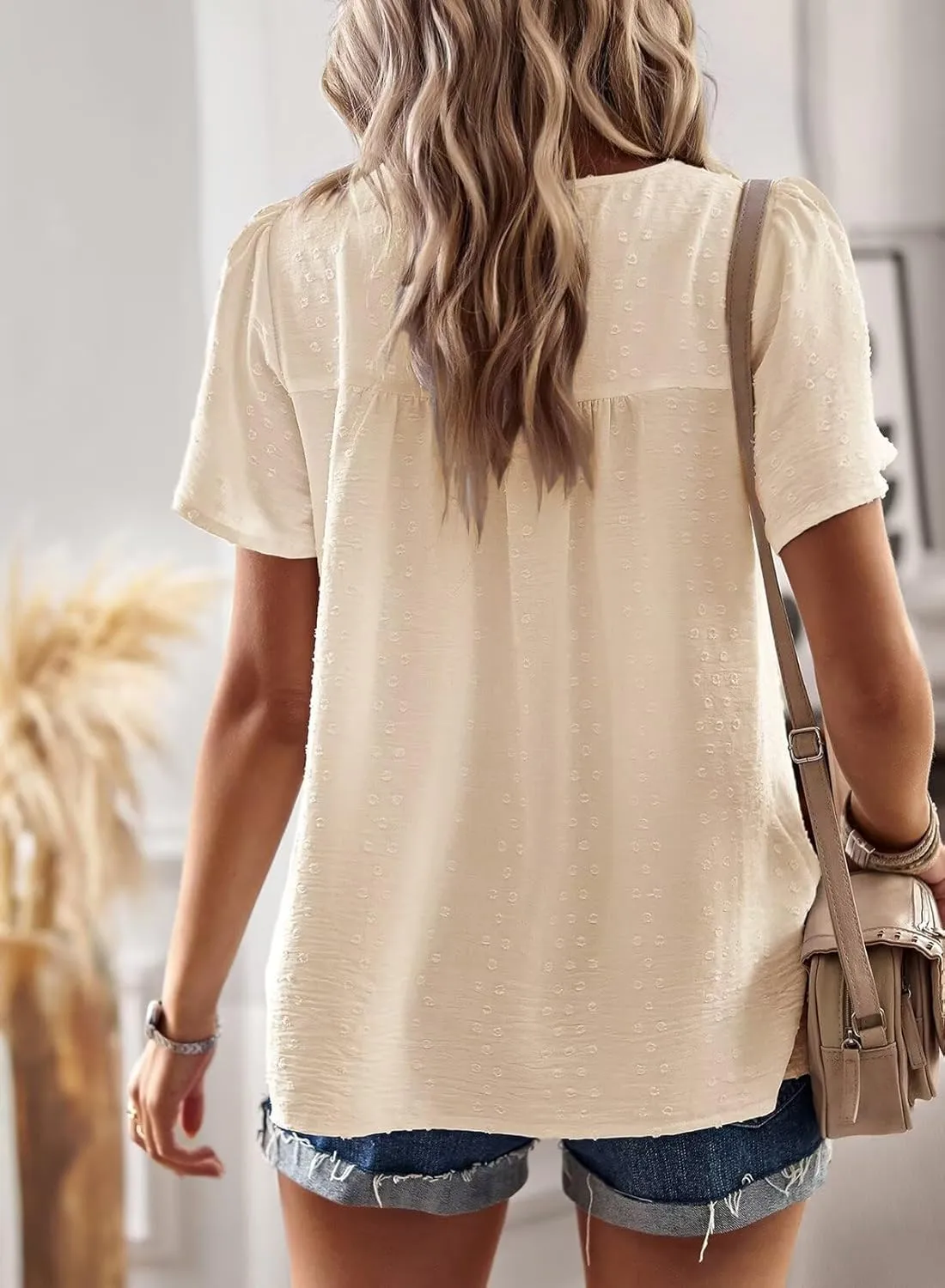 Womens Summer Tops Crewneck Short Sleeve Shirts Casual Chiffon Blouses Flowy Lace Hem Boho Clothing Trendy 2025