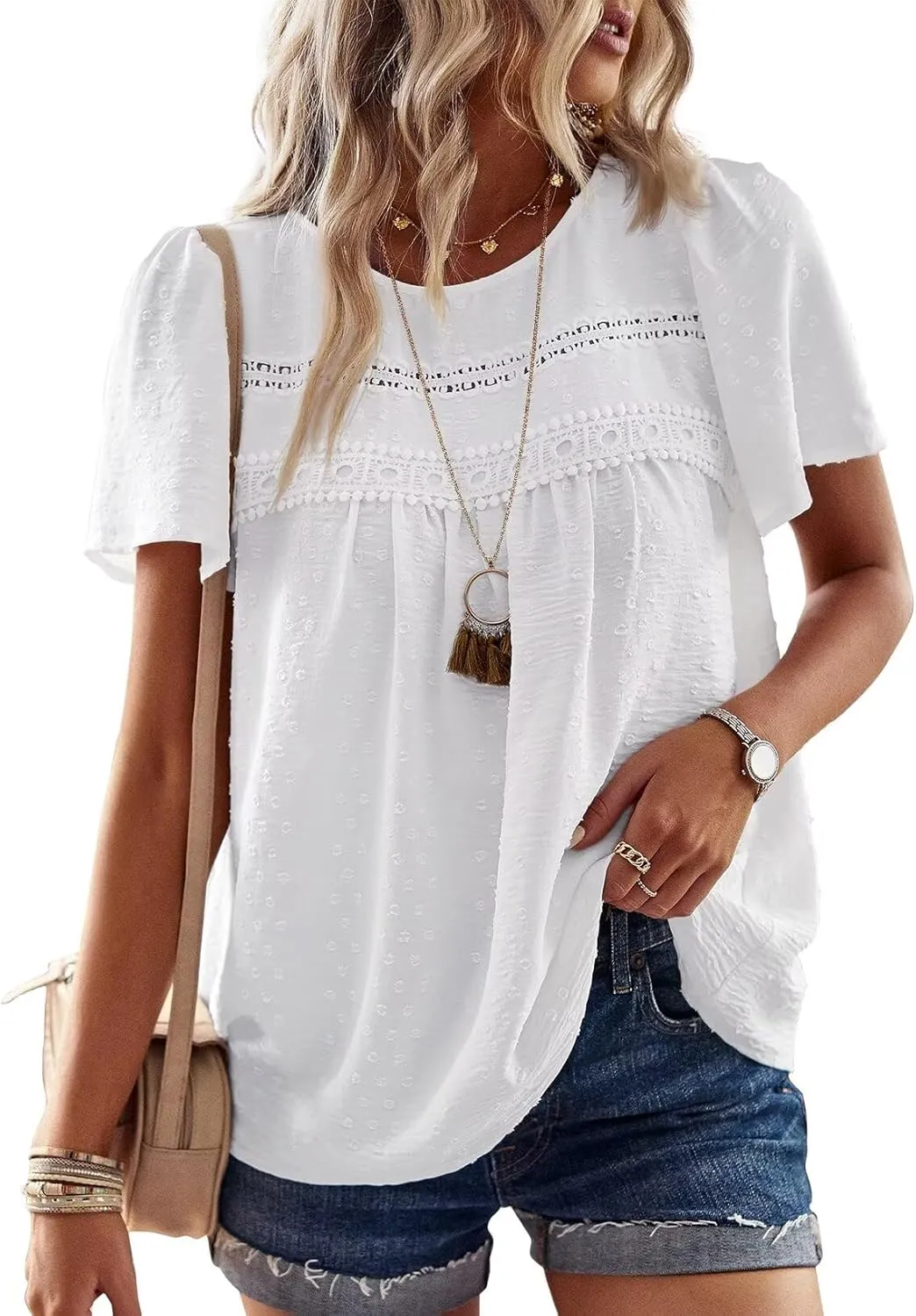 Womens Summer Tops Crewneck Short Sleeve Shirts Casual Chiffon Blouses Flowy Lace Hem Boho Clothing Trendy 2025