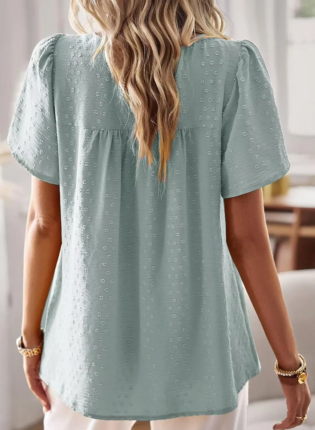 Womens Summer Tops Crewneck Short Sleeve Shirts Casual Chiffon Blouses Flowy Lace Hem Boho Clothing Trendy 2025