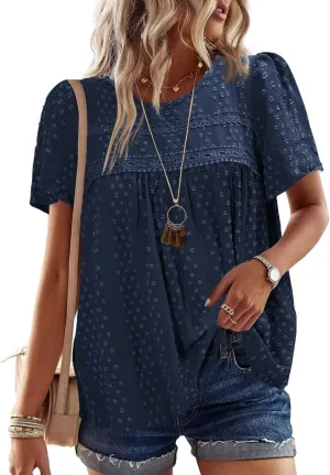 Womens Summer Tops Crewneck Short Sleeve Shirts Casual Chiffon Blouses Flowy Lace Hem Boho Clothing Trendy 2025