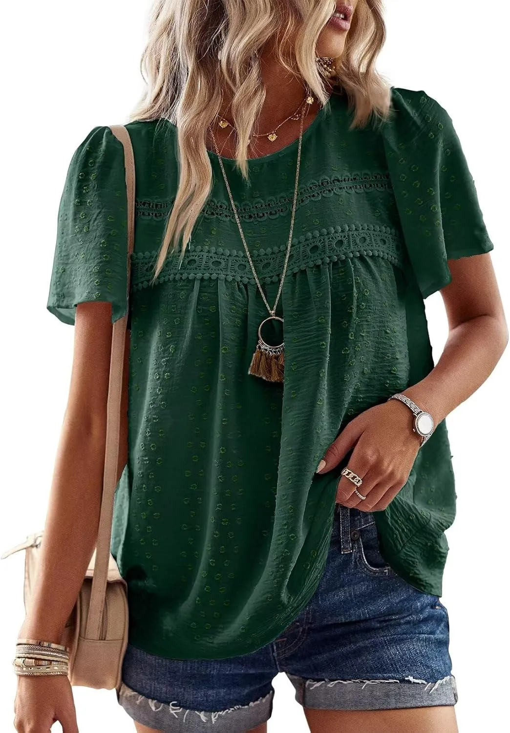 Womens Summer Tops Crewneck Short Sleeve Shirts Casual Chiffon Blouses Flowy Lace Hem Boho Clothing Trendy 2025