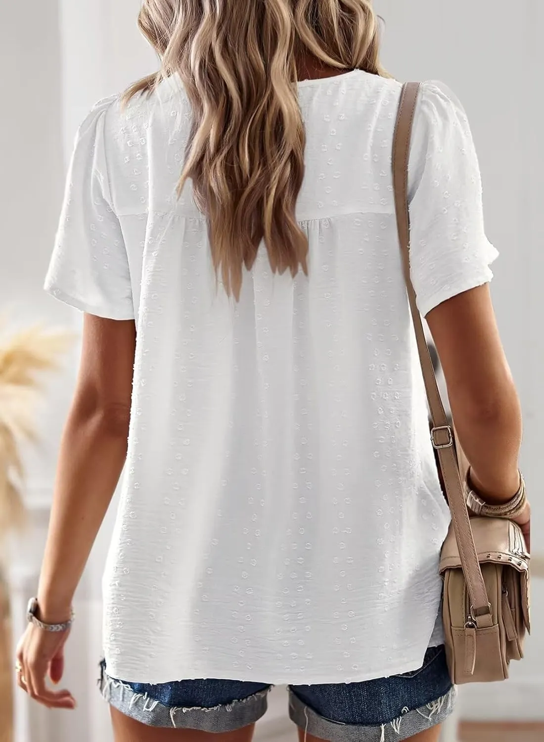 Womens Summer Tops Crewneck Short Sleeve Shirts Casual Chiffon Blouses Flowy Lace Hem Boho Clothing Trendy 2025