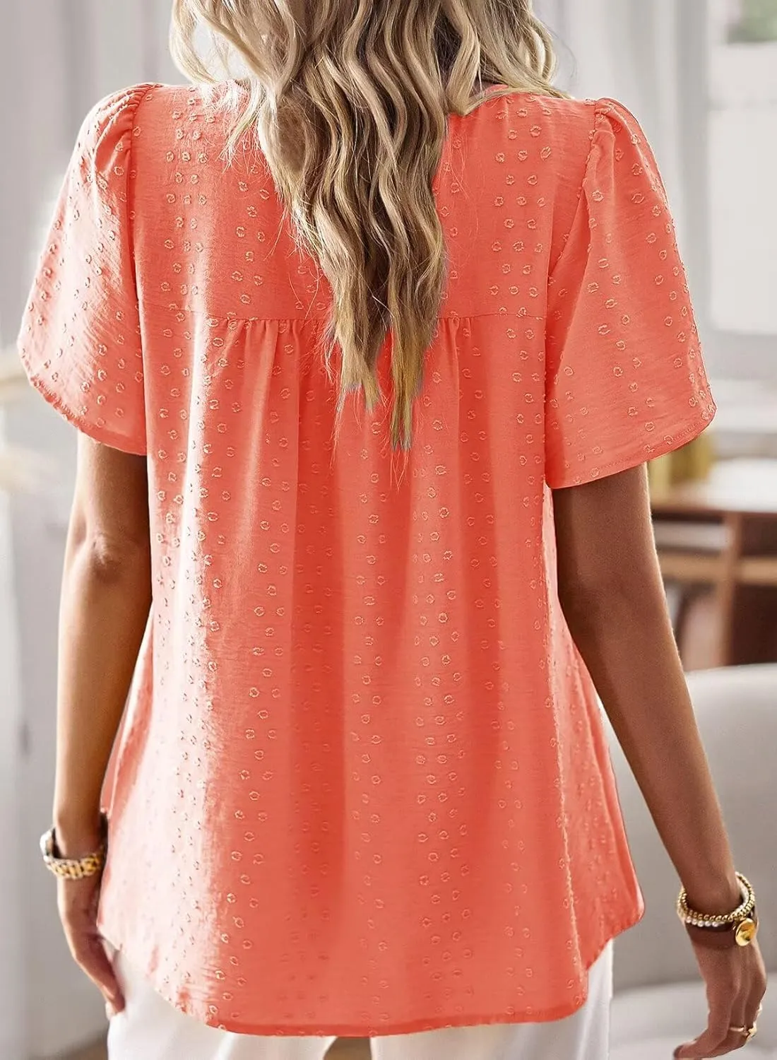 Womens Summer Tops Crewneck Short Sleeve Shirts Casual Chiffon Blouses Flowy Lace Hem Boho Clothing Trendy 2025