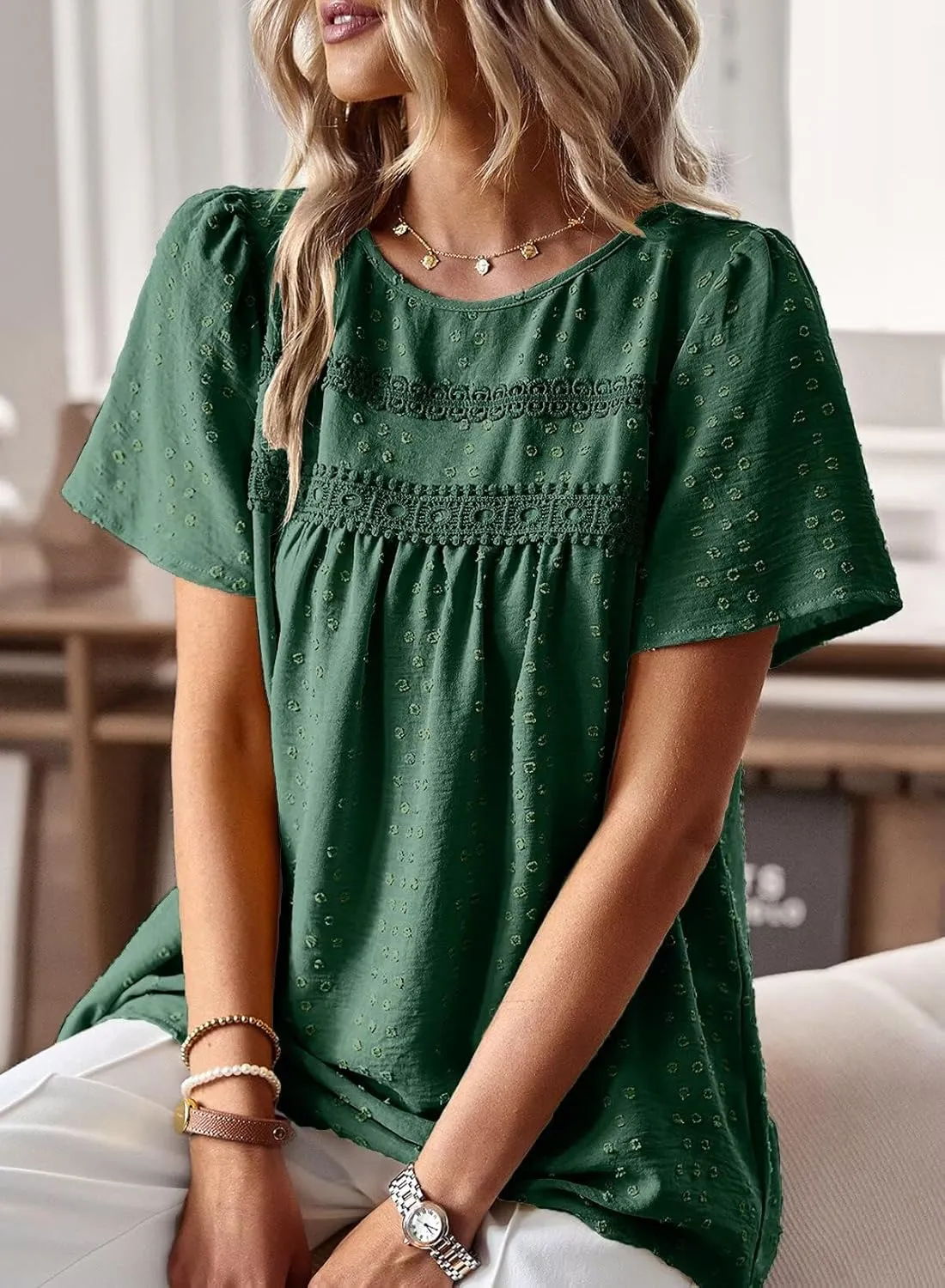 Womens Summer Tops Crewneck Short Sleeve Shirts Casual Chiffon Blouses Flowy Lace Hem Boho Clothing Trendy 2025