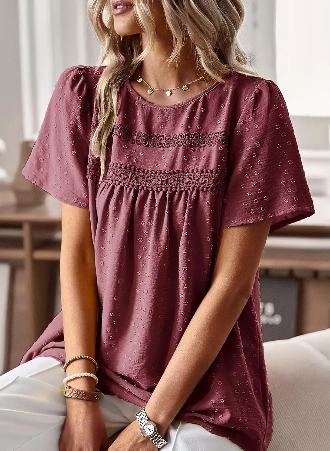 Womens Summer Tops Crewneck Short Sleeve Shirts Casual Chiffon Blouses Flowy Lace Hem Boho Clothing Trendy 2025