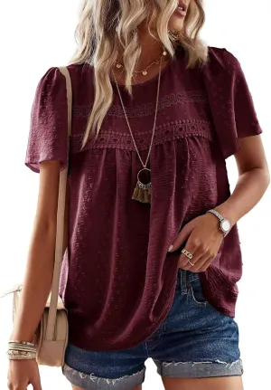 Womens Summer Tops Crewneck Short Sleeve Shirts Casual Chiffon Blouses Flowy Lace Hem Boho Clothing Trendy 2025