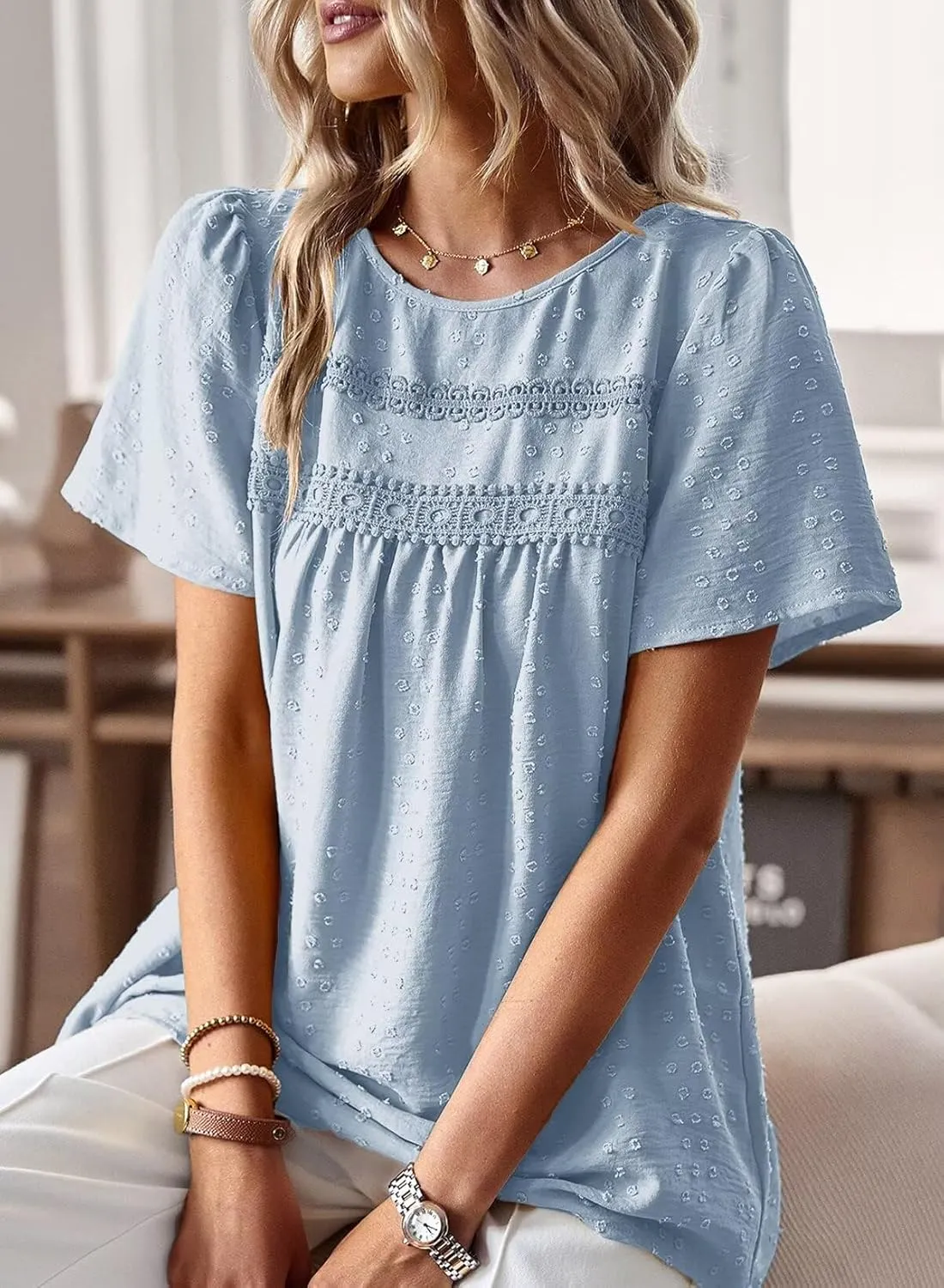 Womens Summer Tops Crewneck Short Sleeve Shirts Casual Chiffon Blouses Flowy Lace Hem Boho Clothing Trendy 2025
