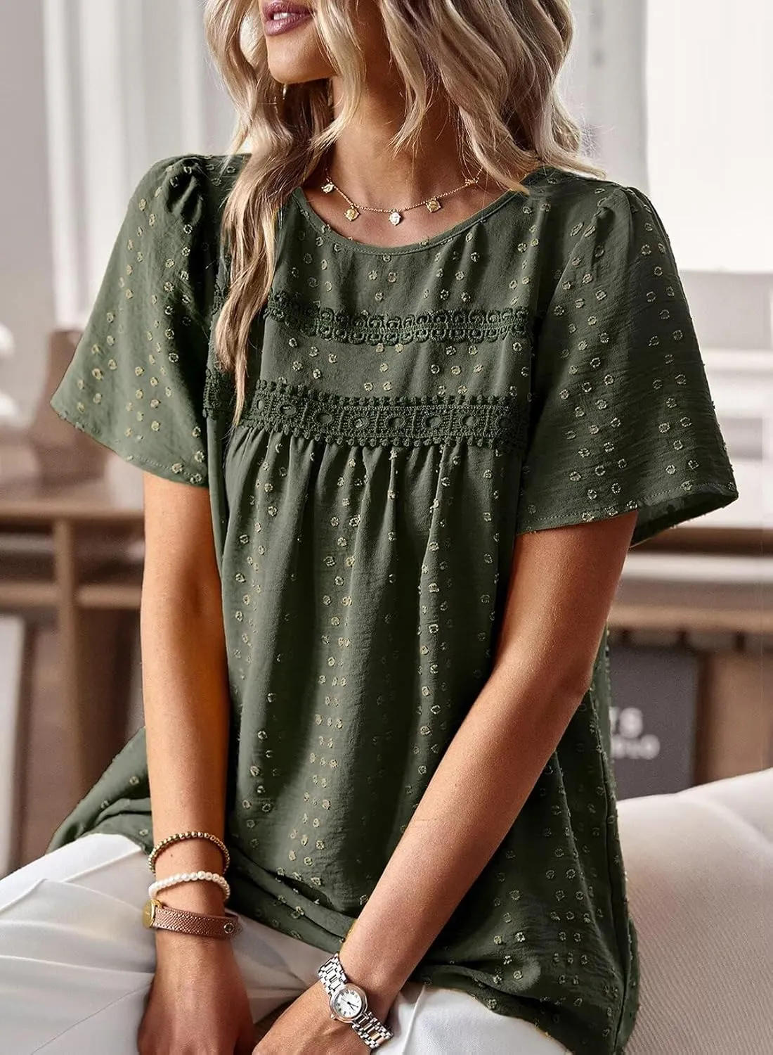 Womens Summer Tops Crewneck Short Sleeve Shirts Casual Chiffon Blouses Flowy Lace Hem Boho Clothing Trendy 2025