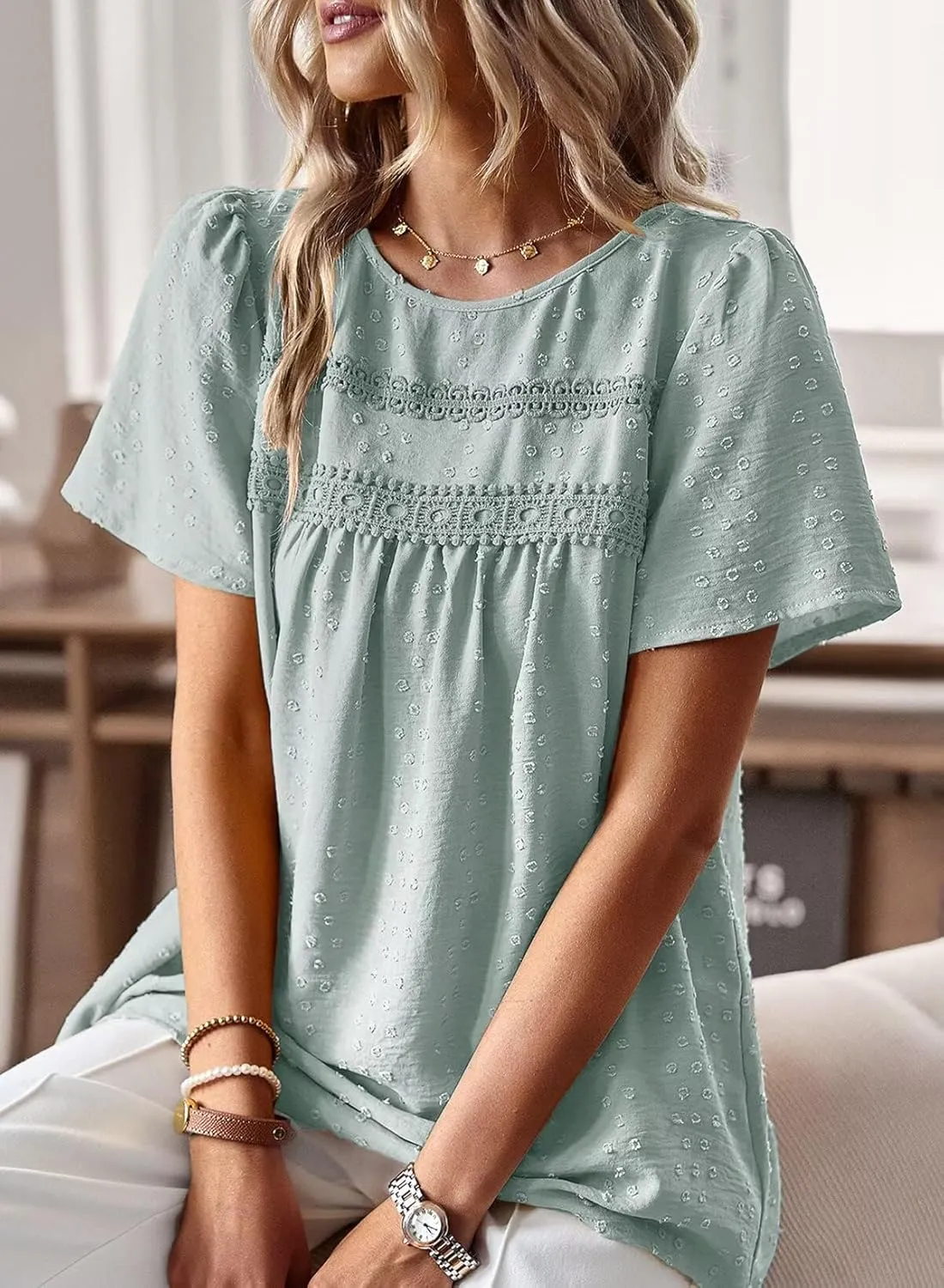 Womens Summer Tops Crewneck Short Sleeve Shirts Casual Chiffon Blouses Flowy Lace Hem Boho Clothing Trendy 2025