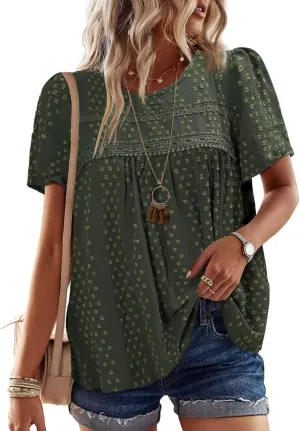 Womens Summer Tops Crewneck Short Sleeve Shirts Casual Chiffon Blouses Flowy Lace Hem Boho Clothing Trendy 2025