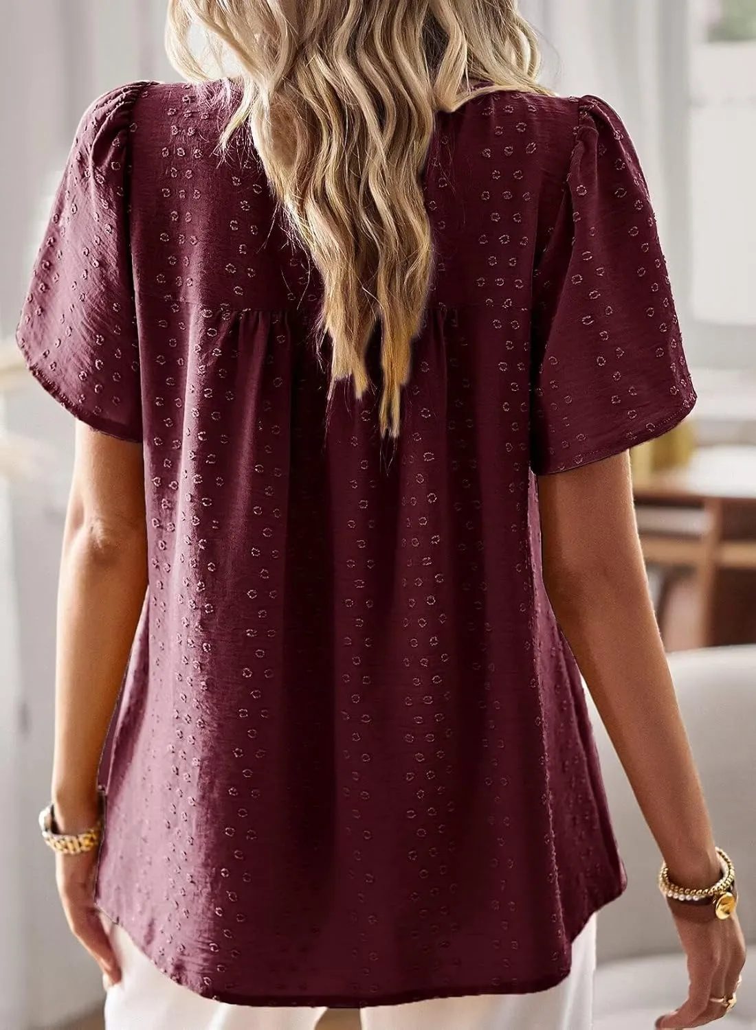 Womens Summer Tops Crewneck Short Sleeve Shirts Casual Chiffon Blouses Flowy Lace Hem Boho Clothing Trendy 2025
