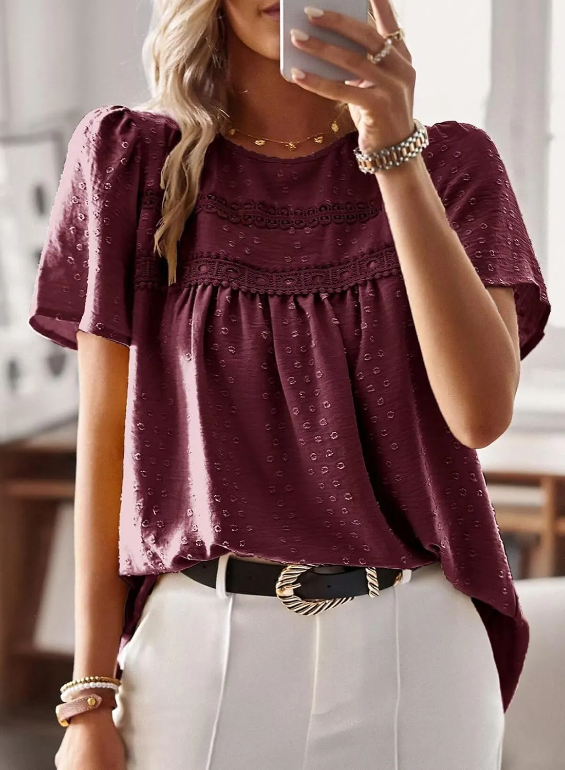 Womens Summer Tops Crewneck Short Sleeve Shirts Casual Chiffon Blouses Flowy Lace Hem Boho Clothing Trendy 2025