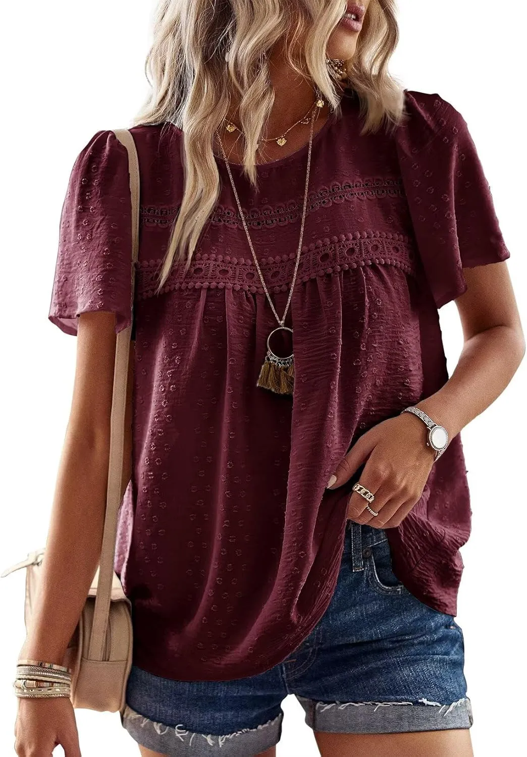 Womens Summer Tops Crewneck Short Sleeve Shirts Casual Chiffon Blouses Flowy Lace Hem Boho Clothing Trendy 2025