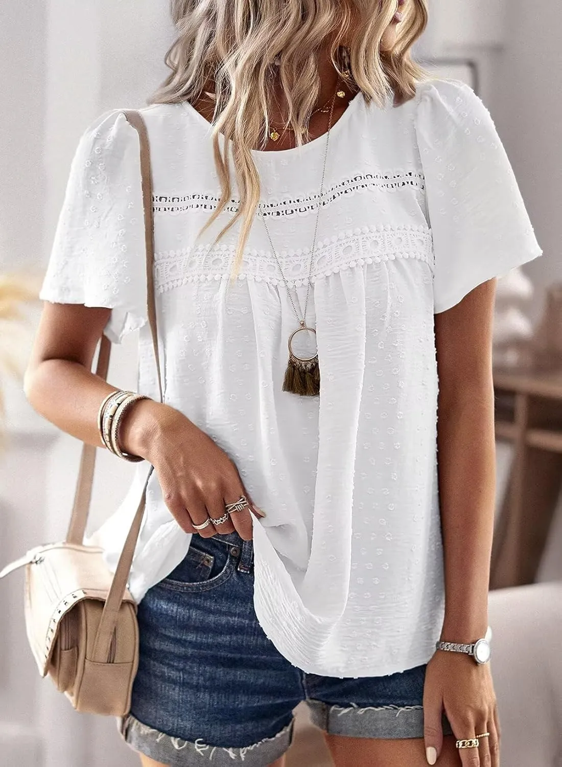 Womens Summer Tops Crewneck Short Sleeve Shirts Casual Chiffon Blouses Flowy Lace Hem Boho Clothing Trendy 2025