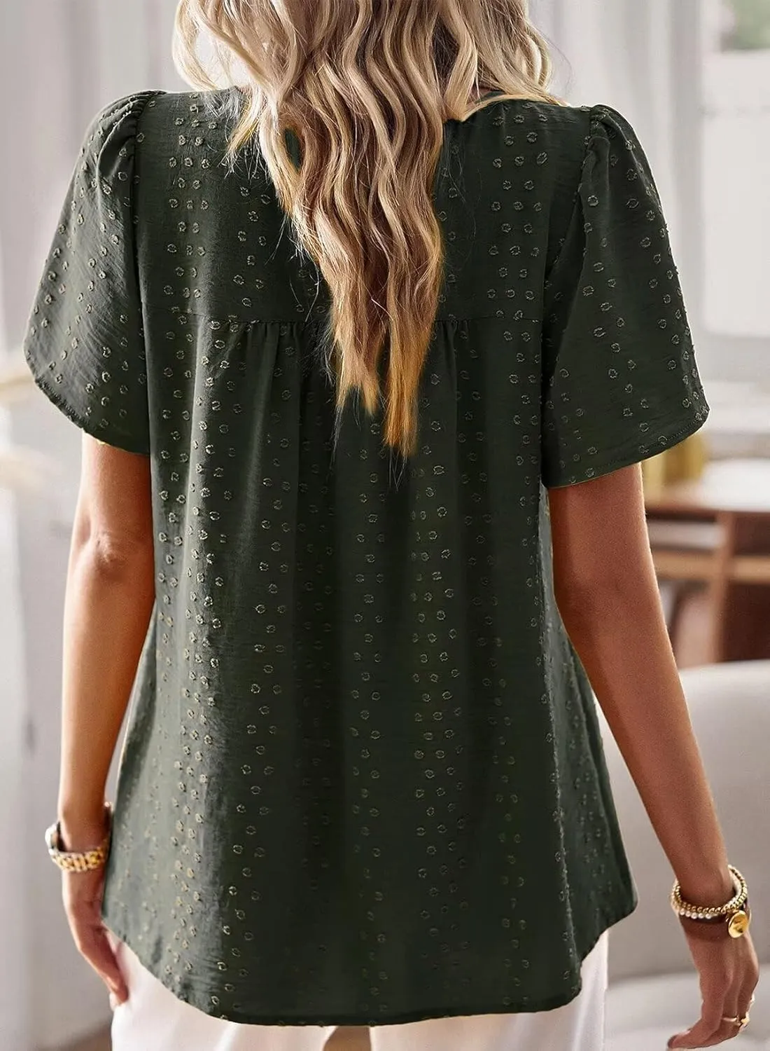 Womens Summer Tops Crewneck Short Sleeve Shirts Casual Chiffon Blouses Flowy Lace Hem Boho Clothing Trendy 2025