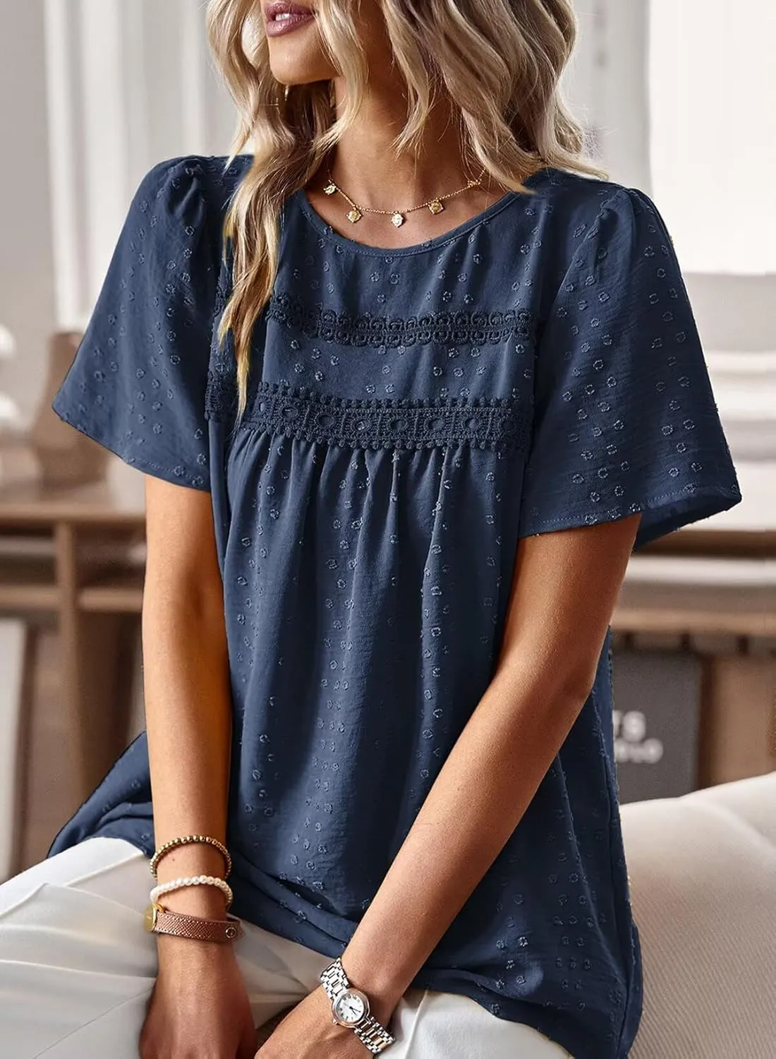 Womens Summer Tops Crewneck Short Sleeve Shirts Casual Chiffon Blouses Flowy Lace Hem Boho Clothing Trendy 2025