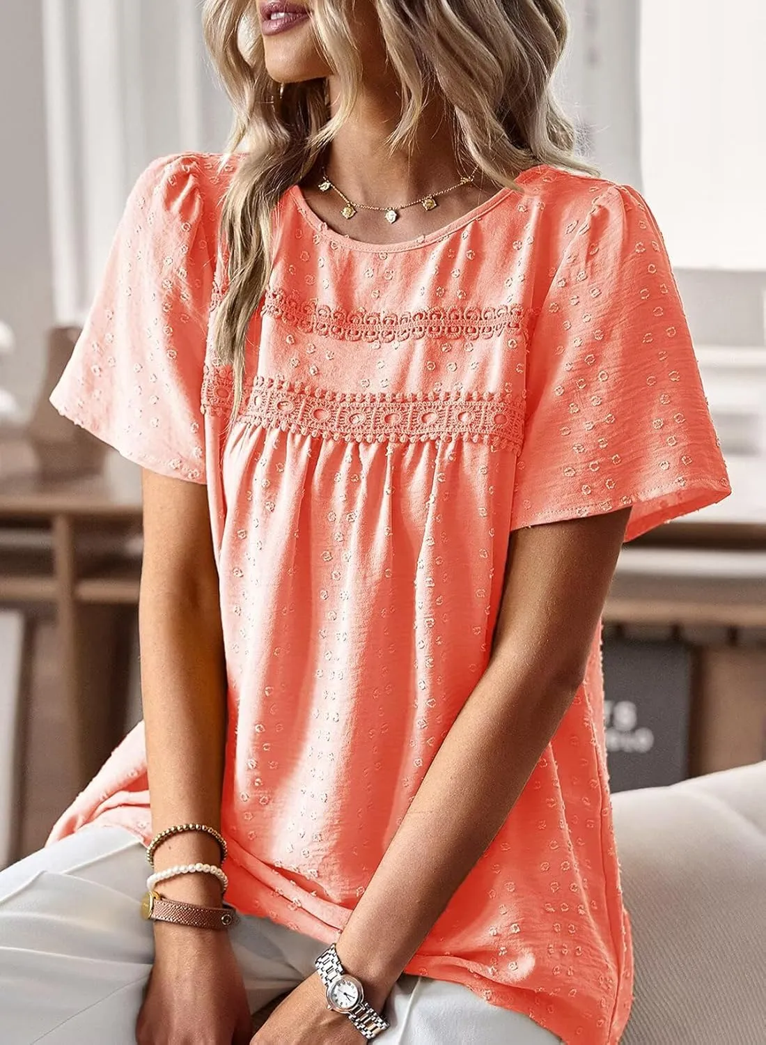 Womens Summer Tops Crewneck Short Sleeve Shirts Casual Chiffon Blouses Flowy Lace Hem Boho Clothing Trendy 2025
