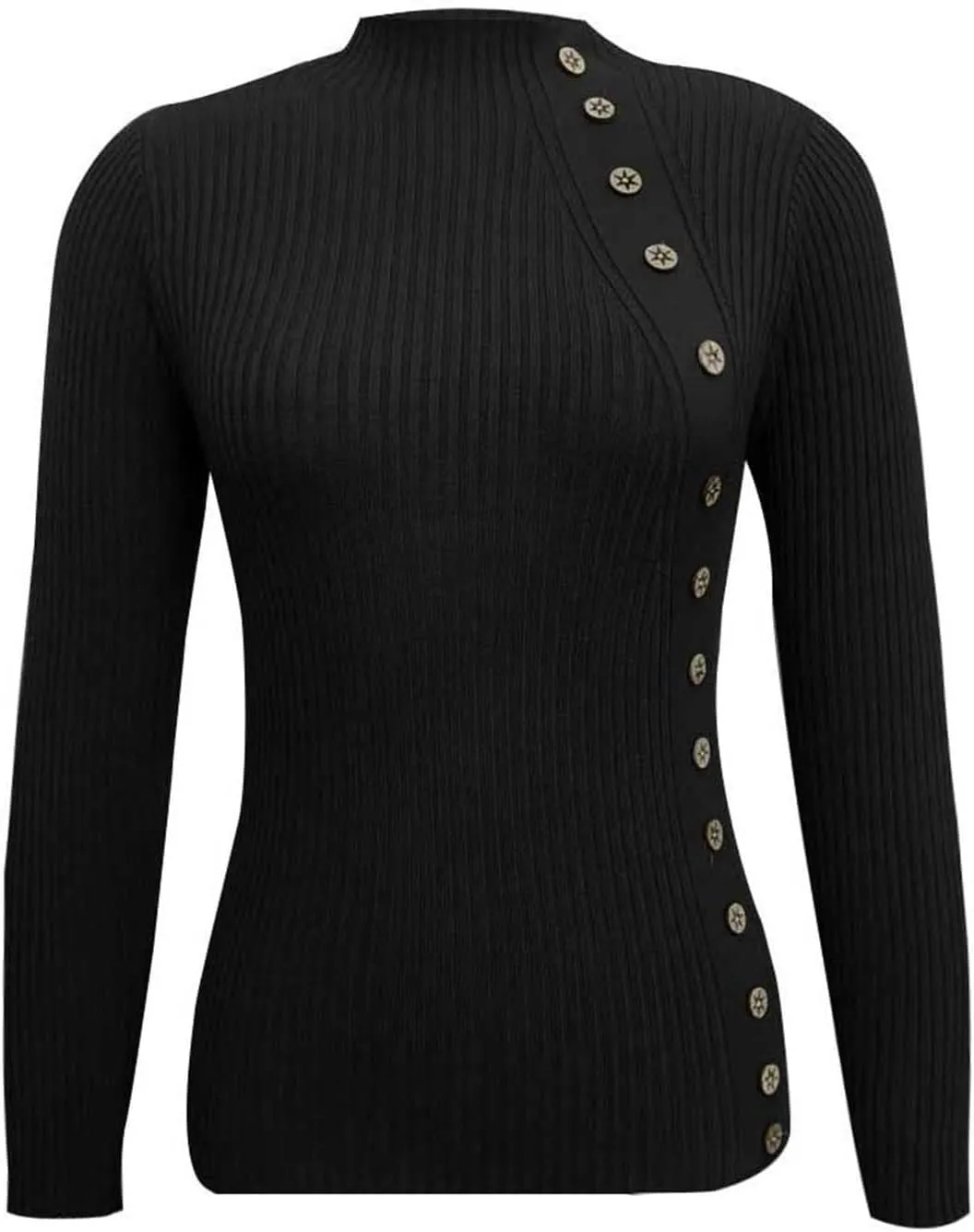 Women's Sweater Solid Casual Turtleneck Button Pullover Knitted Base Pullover Slim Fit Versatile Ribbed Stretch Tops