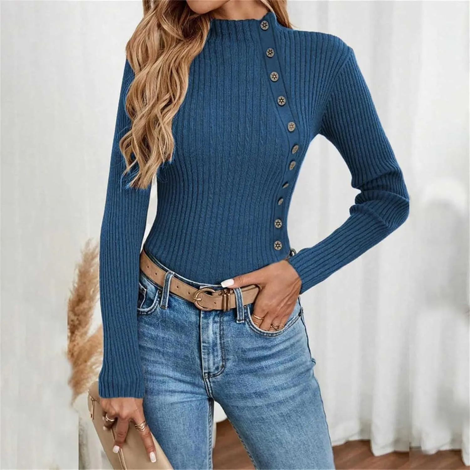 Women's Sweater Solid Casual Turtleneck Button Pullover Knitted Base Pullover Slim Fit Versatile Ribbed Stretch Tops