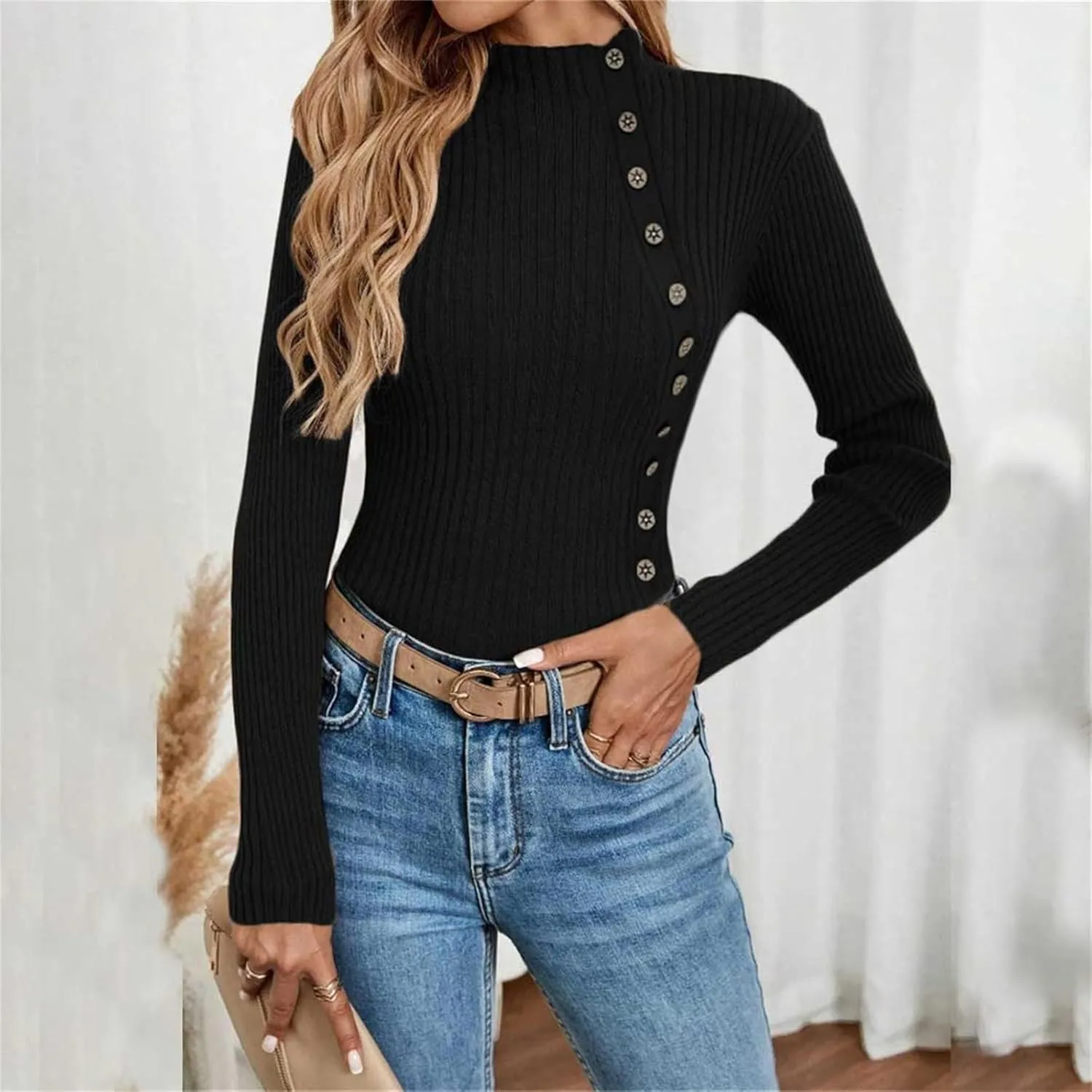 Women's Sweater Solid Casual Turtleneck Button Pullover Knitted Base Pullover Slim Fit Versatile Ribbed Stretch Tops