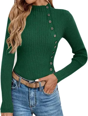 Women's Sweater Solid Casual Turtleneck Button Pullover Knitted Base Pullover Slim Fit Versatile Ribbed Stretch Tops