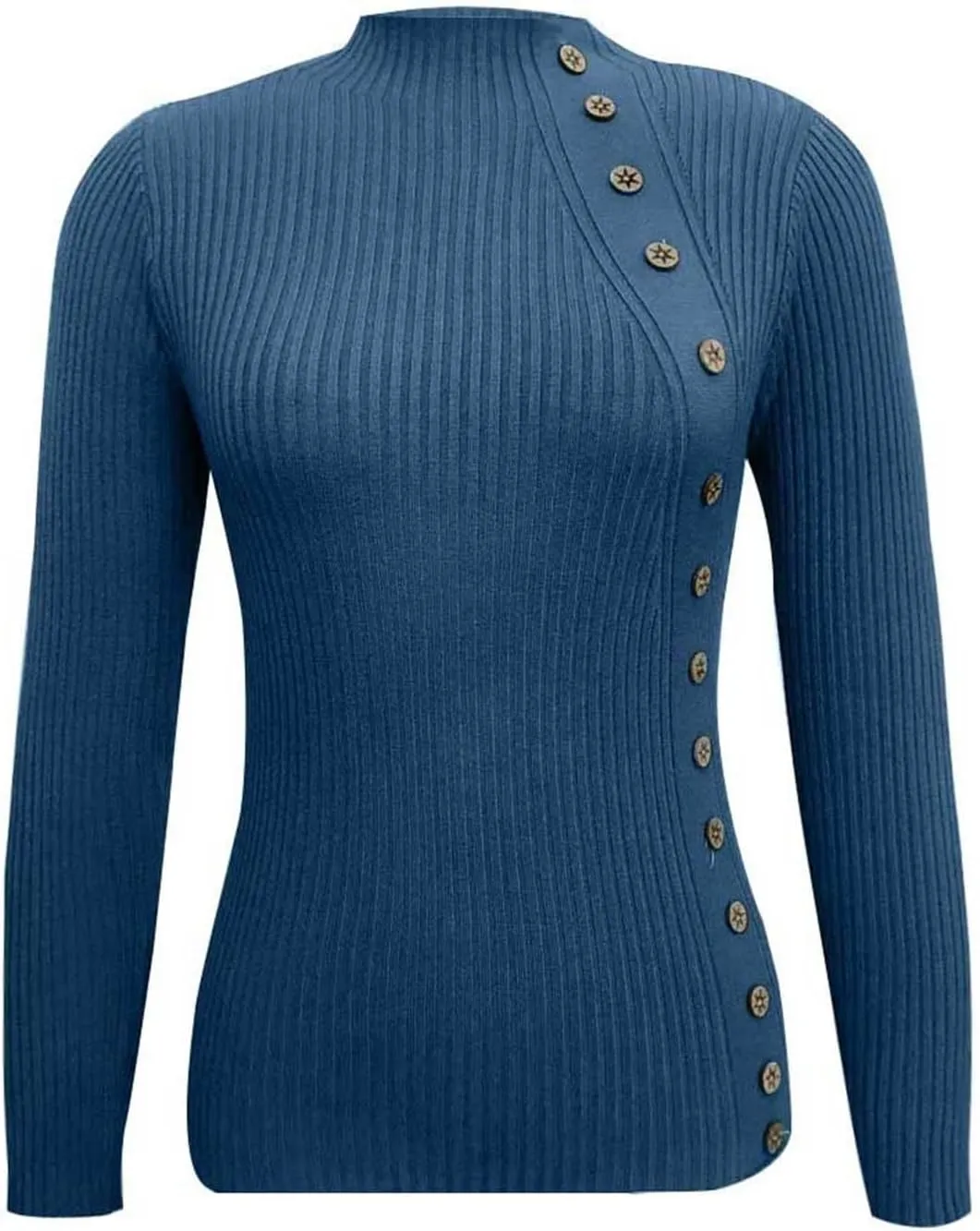 Women's Sweater Solid Casual Turtleneck Button Pullover Knitted Base Pullover Slim Fit Versatile Ribbed Stretch Tops