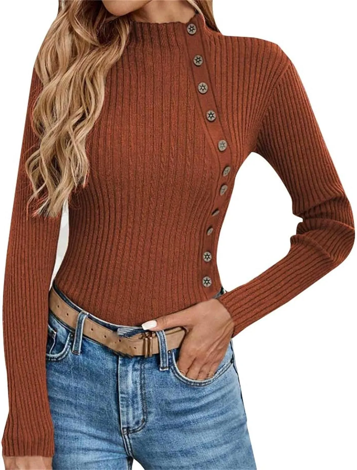 Women's Sweater Solid Casual Turtleneck Button Pullover Knitted Base Pullover Slim Fit Versatile Ribbed Stretch Tops