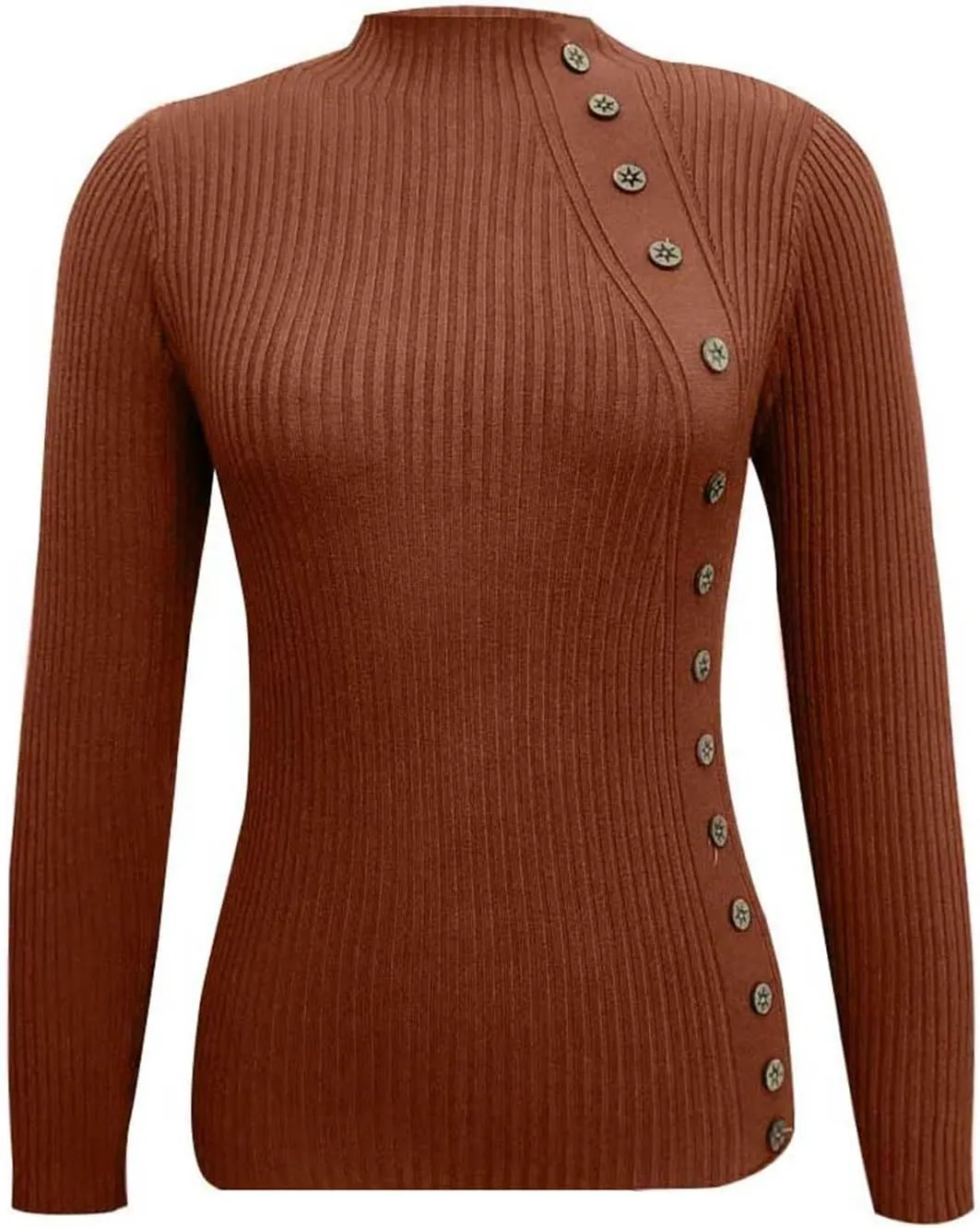 Women's Sweater Solid Casual Turtleneck Button Pullover Knitted Base Pullover Slim Fit Versatile Ribbed Stretch Tops