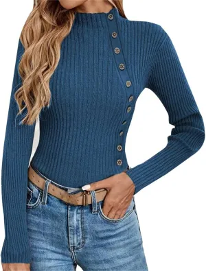 Women's Sweater Solid Casual Turtleneck Button Pullover Knitted Base Pullover Slim Fit Versatile Ribbed Stretch Tops