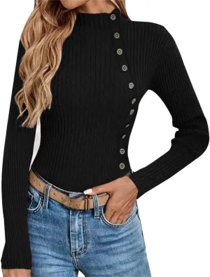 Women's Sweater Solid Casual Turtleneck Button Pullover Knitted Base Pullover Slim Fit Versatile Ribbed Stretch Tops