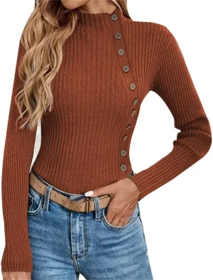 Women's Sweater Solid Casual Turtleneck Button Pullover Knitted Base Pullover Slim Fit Versatile Ribbed Stretch Tops