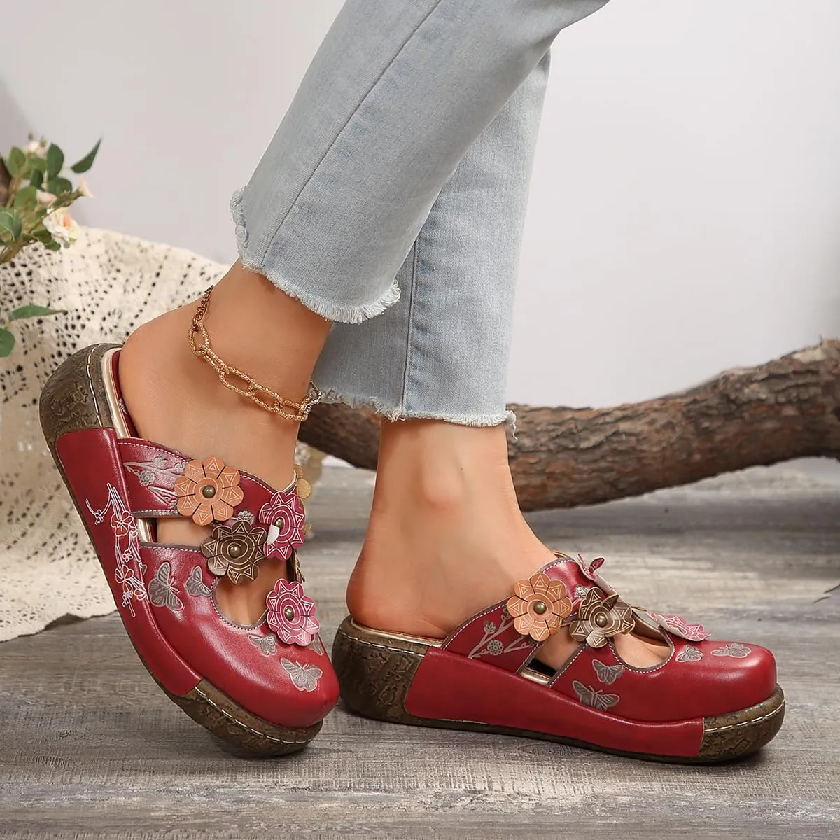 Women's Tribal Flower Platform Mules - Closed Toe Wedge Slides Sandals.Retro Ethnic Style