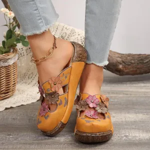 Women's Tribal Flower Platform Mules - Closed Toe Wedge Slides Sandals.Retro Ethnic Style