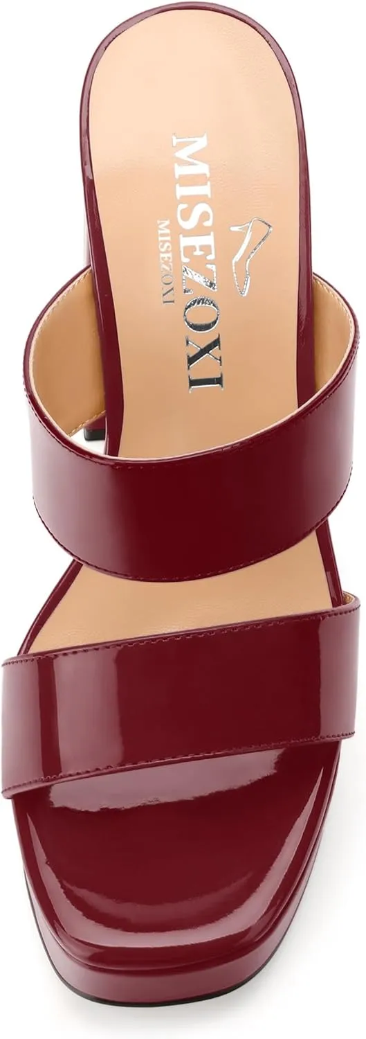 Women's Two Straps High Chunky Heels Sandals Slip on Open Square Toe Block Platform Heels Sandals for Women Holiday Party Wedding Dress Sandals Shoes