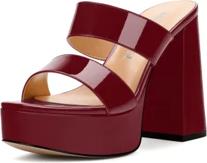 Women's Two Straps High Chunky Heels Sandals Slip on Open Square Toe Block Platform Heels Sandals for Women Holiday Party Wedding Dress Sandals Shoes