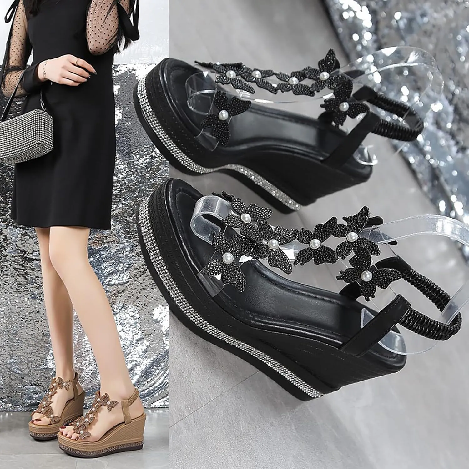 Womens Wedges Sandals Heels for Dressy, Comfy Open Toe Platform Wedge Sandals, Summer Rhinestone Butterfly Vacation Wedding Shoes