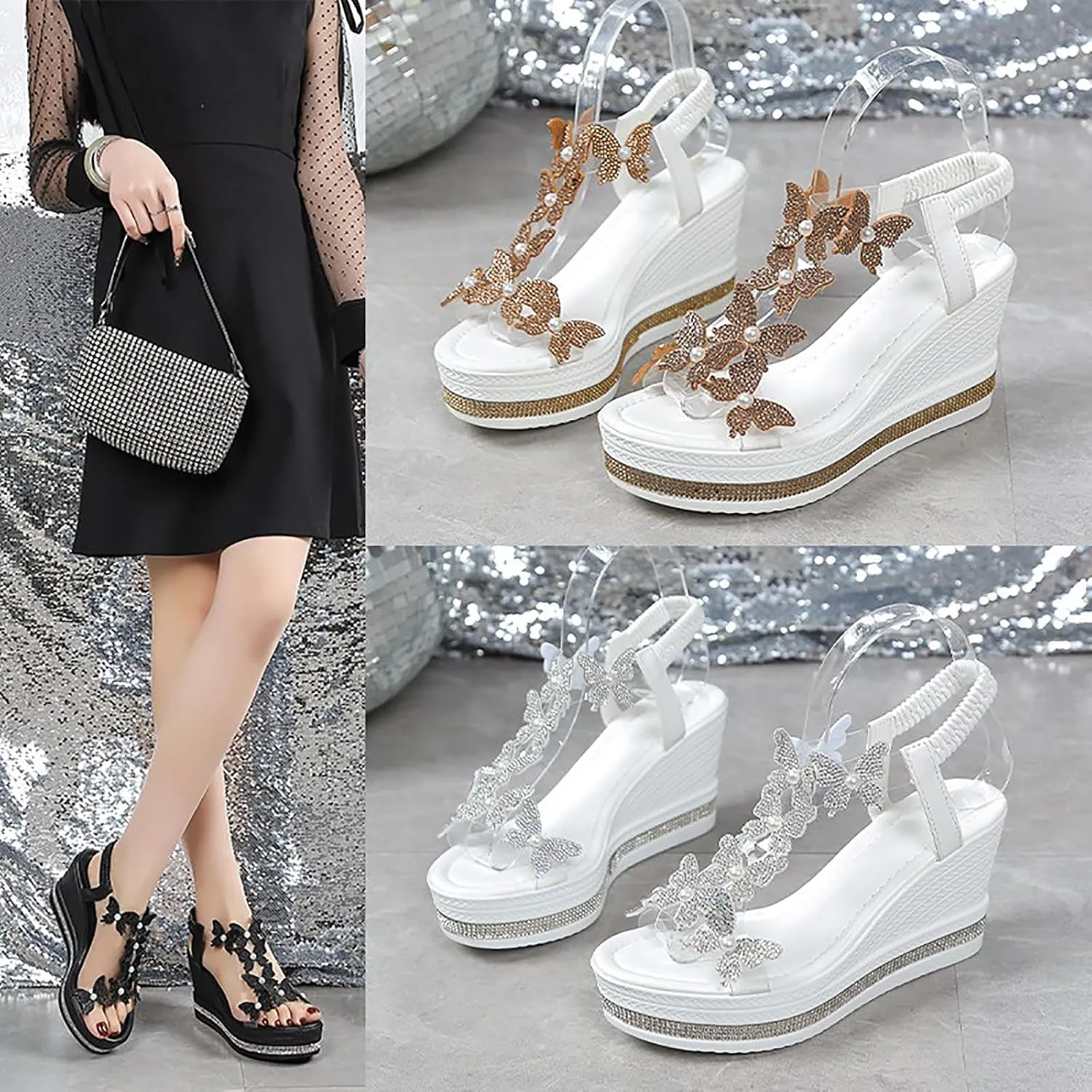 Womens Wedges Sandals Heels for Dressy, Comfy Open Toe Platform Wedge Sandals, Summer Rhinestone Butterfly Vacation Wedding Shoes