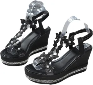 Womens Wedges Sandals Heels for Dressy, Comfy Open Toe Platform Wedge Sandals, Summer Rhinestone Butterfly Vacation Wedding Shoes