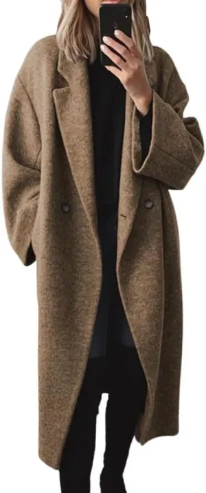 Women's Winter Double Breasted Wool Coat Casual Loose Notch Lapel Midi Long Winter Trench Coat