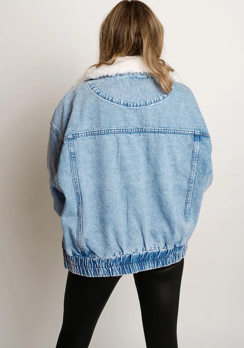 Women's Winter Sherpa Lined Denim Jacket Button Down Faux Fur Collar Jean Coat Overcoat
