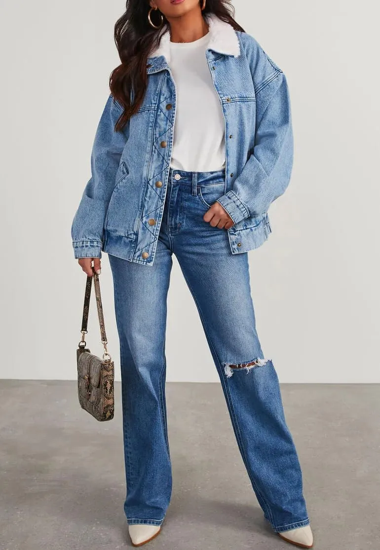 Women's Winter Sherpa Lined Denim Jacket Button Down Faux Fur Collar Jean Coat Overcoat