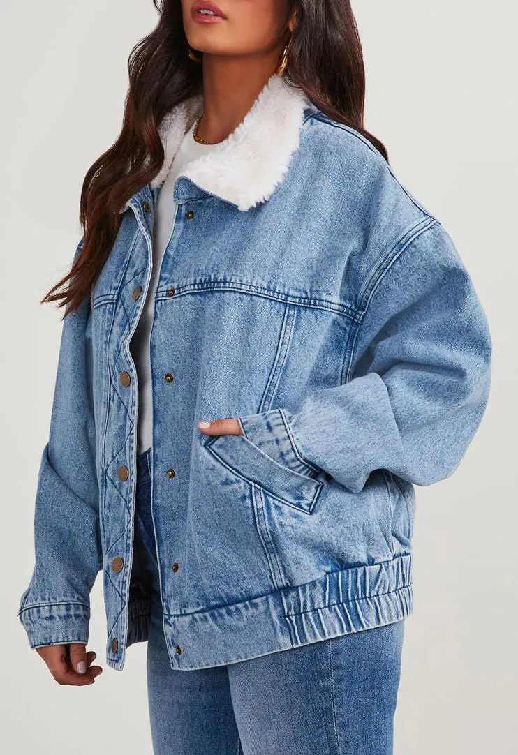 Women's Winter Sherpa Lined Denim Jacket Button Down Faux Fur Collar Jean Coat Overcoat