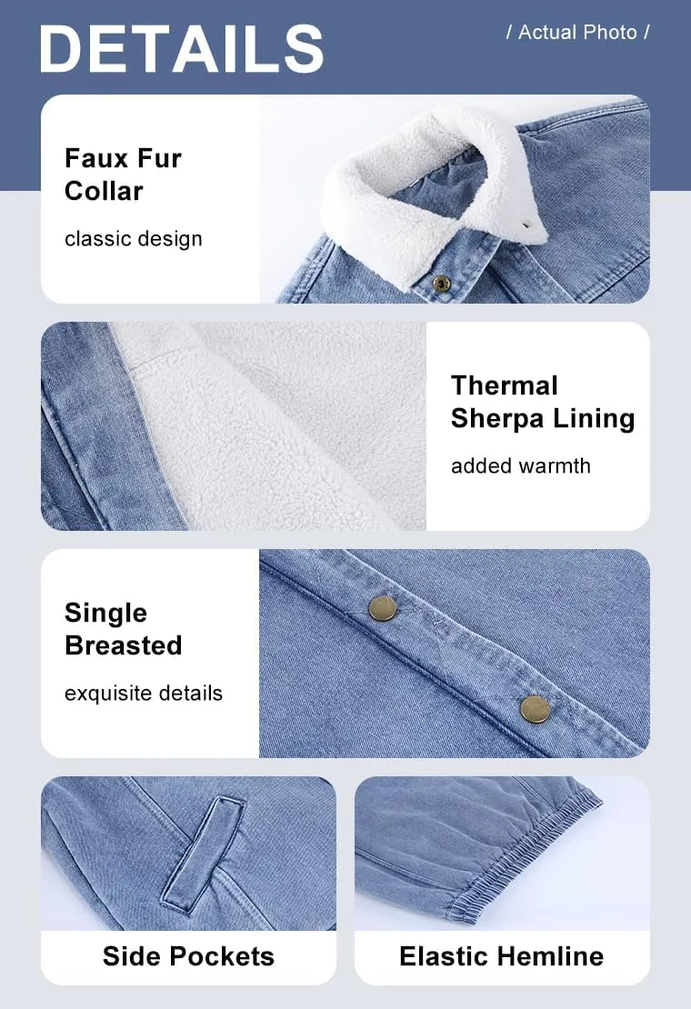 Women's Winter Sherpa Lined Denim Jacket Button Down Faux Fur Collar Jean Coat Overcoat
